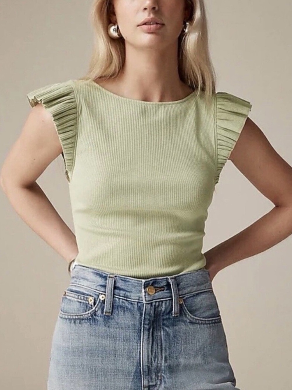 NWT J.Crew Vintage Rib Ruffle Boatneck Tank Top in Sage Green - Size M